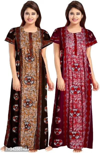 Elegant Multicoloured Cotton Printed Nighty For Women Pack Of 2-thumb0