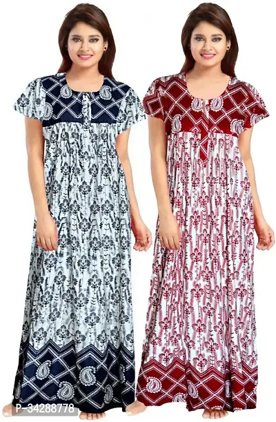 Elegant Multicoloured Cotton Printed Nighty For Women Pack Of 2-thumb0