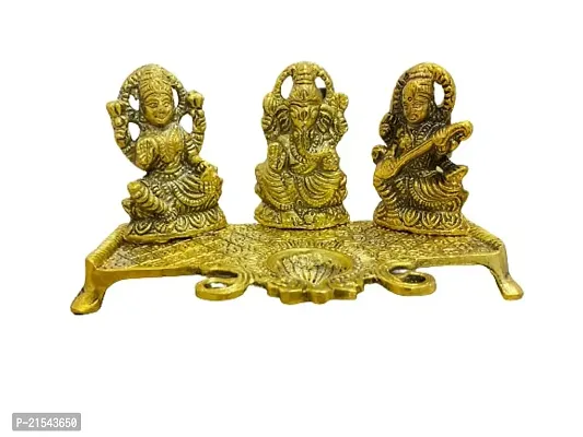 Laxmi Ganesh Saraswati Idol Murti Showpiece - Decorative Platter with Diya (20x10x10 CM),Golden