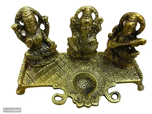 Laxmi Ganesh Saraswati Idol Murti Showpiece - Decorative Platter with Diya (20x10x10 CM),Golden-thumb2