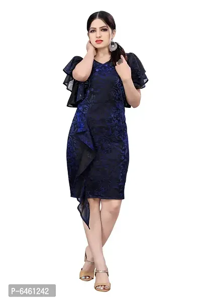 Fabulous Blue Cotton Blend Embellished Knee Length Dresses For Women