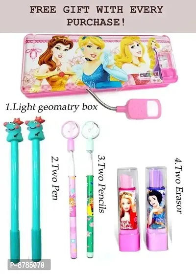 Cute And Fancy Light Geometry Box And Pencil Box With 2 Fancy Pens , 2 Fancy Pencils And 2 Fancy Eraser Set For Kids