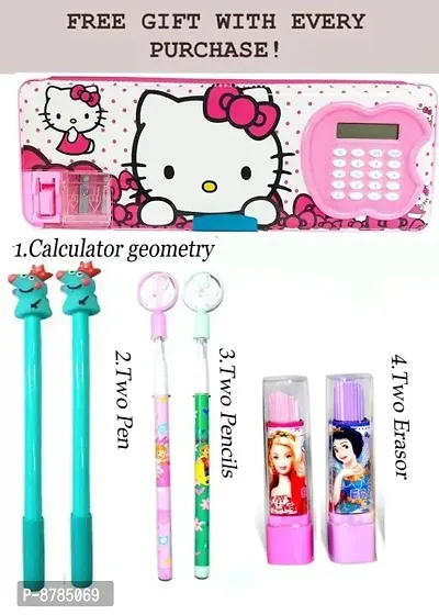 Cute And Fancy Calculator Geometry Box And Pencil Box With 2 Fancy Pens , 2 Fancy Pencils And 2 Fancy Eraser Set For Kids-thumb0