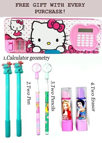Cute And Fancy Light Geometry Box And Pencil Box With 2 Fancy Pens 2 Fancy Pencils And 2 Fancy Eraser Set For Kids