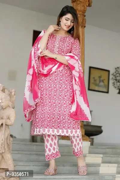 Beautiful Cotton Printed With Embroidery Kurta With Bottom And Dupatta Set For Women-thumb0