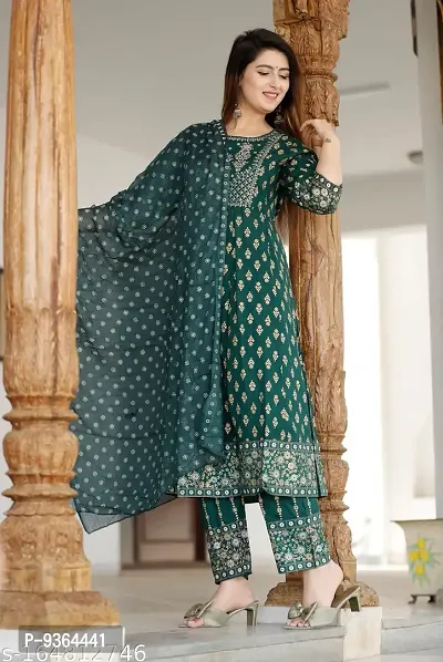 Trendy Rayon Embroidery Printed Kurti With Bottom And Dupatta Set For Women-thumb0