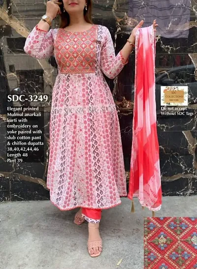 Cotton Printed Hand and Sequence Anarkali Kurti With Bottom and Dupatta sets