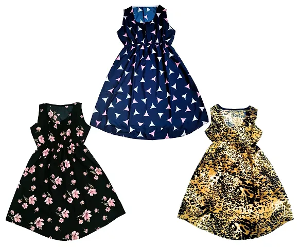 KAYU? Kids Girl's Crepe Printed Frock Dress for Girl's - Regular Fit [Pack of 3]