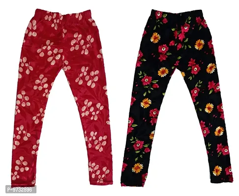 KAYU? Girl's Velvet Printed Leggings Fashionable Ultra Comfortable for Winters [Pack of 2] Red Cream, Black-thumb0