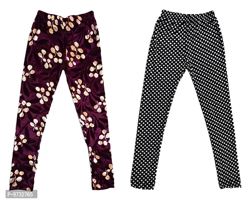 KAYU? Girl's Velvet Printed Leggings Fashionable Ultra Comfortable for Winters [Pack of 2] Purple, Black White