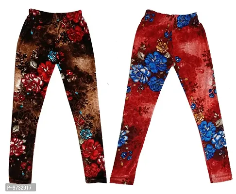 KAYU? Girl's Velvet Printed Leggings Fashionable Ultra Comfortable for Winters [Pack of 2] Brown, Red Blue