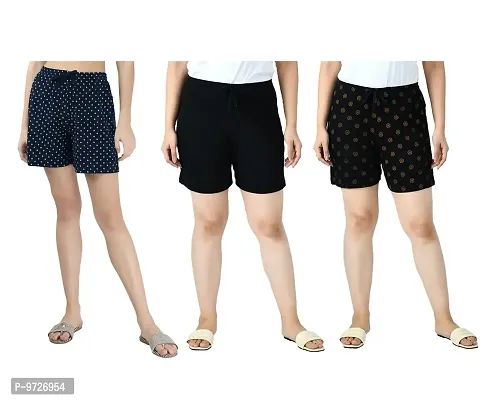 KAYU? Women's Cotton Regular Fit Solid and Printed Shorts/Hot Pant [Pack of 3] Black3, Black4, Black1