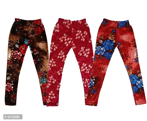 KAYU? Girl's Velvet Printed Leggings Fashionable Ultra Comfortable for Winters [Pack of 3] Brown, Red Cream, Red Blue