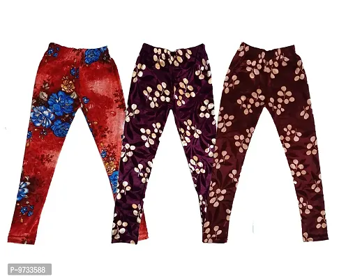 KAYU? Girl's Velvet Printed Leggings Fashionable Ultra Comfortable for Winters [Pack of 3] Red Blue, Purple, Brown Cream