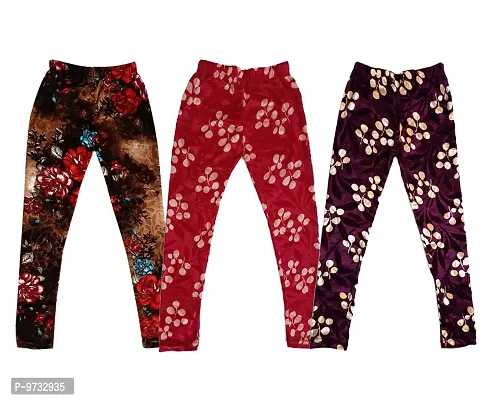 KAYU? Girl's Velvet Printed Leggings Fashionable Ultra Comfortable for Winters [Pack of 3] Brown, Red Cream, Purple