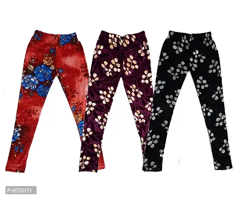 KAYU? Girl's Velvet Printed Leggings Fashionable Ultra Comfortable for Winters [Pack of 3] Red Blue, Purple, Black Cream