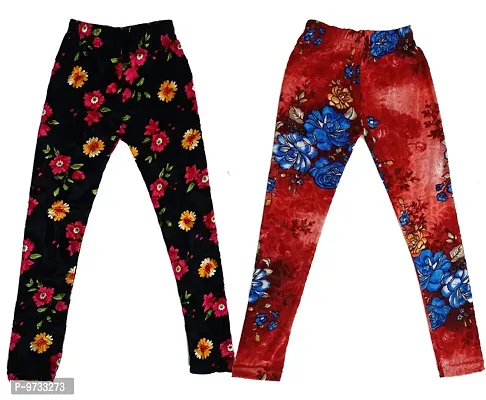 KAYU? Girl's Velvet Printed Leggings Fashionable Ultra Comfortable for Winters [Pack of 2] Black, Red Blue