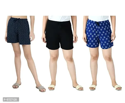 KAYU? Women's Cotton Regular Fit Solid and Printed Shorts/Hot Pant [Pack of 3] Black3, Black4, Navy Blue1