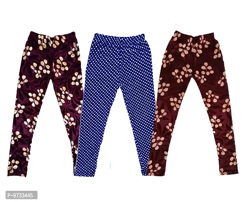 KAYU? Girl's Velvet Printed Leggings Fashionable Ultra Comfortable for Winters [Pack of 3] Purple, Blue, Brown Cream