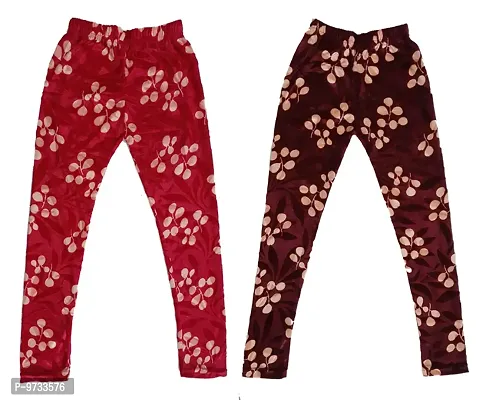 KAYU? Girl's Velvet Printed Leggings Fashionable Ultra Comfortable for Winters [Pack of 2] Red Cream, Brown Cream