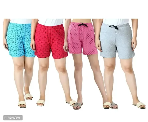 KAYU? Women's Cotton Regular Fit Solid and Printed Shorts/Hot Pant [Pack of 4] Multicolor1