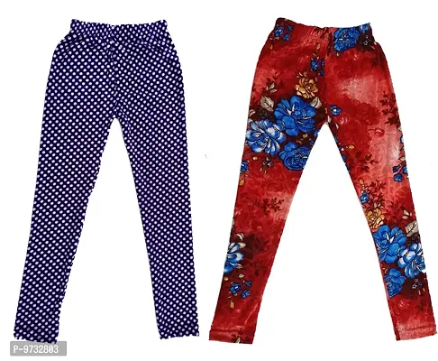 KAYU? Girl's Velvet Printed Leggings Fashionable Ultra Comfortable for Winters [Pack of 2] Navy Blue, Red Blue