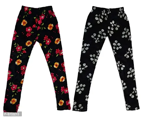 KAYU? Girl's Velvet Printed Leggings Fashionable Ultra Comfortable for Winters [Pack of 2] Black, Black Cream-thumb0