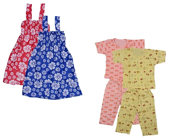 KAYU Girl's Combo Pack of Frock and Night Suit (Orange/Yellow/Purple/Orange_6-12 Month) Pack of 4