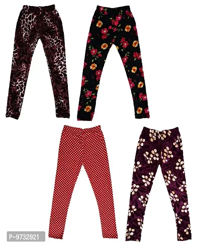 KAYU? Girl's Velvet Printed Leggings Fashionable Ultra Comfortable for Winters [Pack of 4] Dark Brown, Black, Red White, Purple