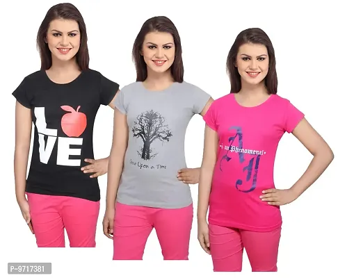 KAYU Women's Combo Pack of Cotton Printed T-Shirts (Pink/Grey/Black_L) Pack of 3-thumb0