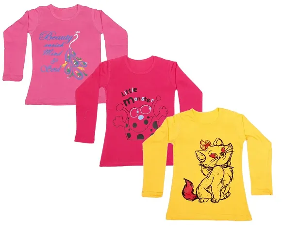 Indistar Girls Full Sleeve T-Shirt (Pack of 3)_Pink::Yellow::Red_Size: 8-9 Year