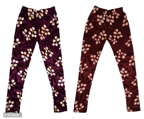 KAYU? Girl's Velvet Printed Leggings Fashionable Ultra Comfortable for Winters [Pack of 2] Purple, Brown Cream
