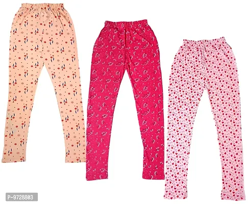 KAYU? Girl's Cotton Printed Leggings Slim Fit Cotton Stretchable Leggings [Pack of 3] Peach3, Magenta, Pink