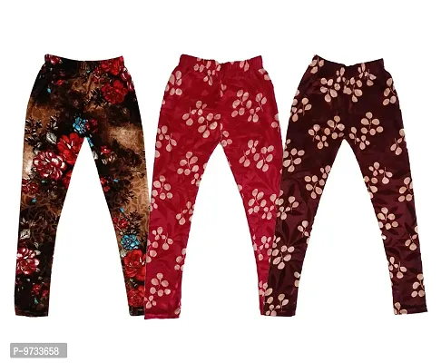 KAYU? Girl's Velvet Printed Leggings Fashionable Ultra Comfortable for Winters [Pack of 3] Brown, Red Cream, Brown Cream