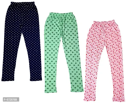 KAYU? Girl's Cotton Printed Leggings Slim Fit Cotton Stretchable Leggings [Pack of 3] Black, Sea Green, Pink