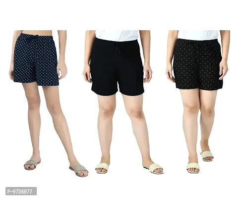 KAYU? Women's Cotton Regular Fit Solid and Printed Shorts/Hot Pant [Pack of 3] Black3, Black4, Black-thumb0