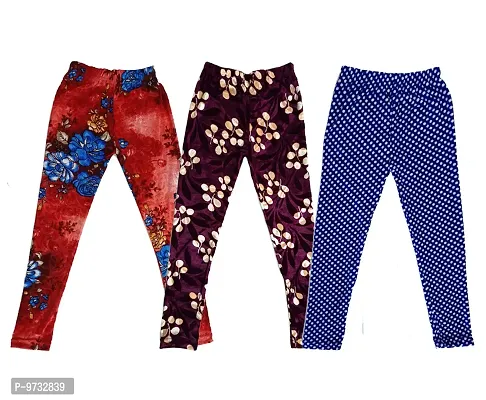 KAYU? Girl's Velvet Printed Leggings Fashionable Ultra Comfortable for Winters [Pack of 3] Red Blue, Purple, Blue-thumb0