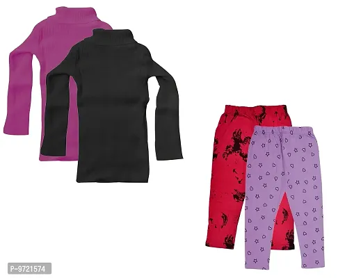 KAYU Girl's Combo Pack of Woolen Warm Full Sleeves High Neck/skivvy and Cotton Printed Capri (Purple, Black, Red, Purple_11-12 Years) Pack of 4