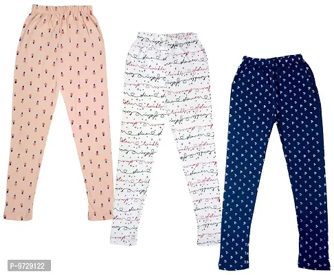 KAYU? Girl's Cotton Printed Leggings Slim Fit Cotton Stretchable Leggings [Pack of 3] Peach, White1, Navy Blue