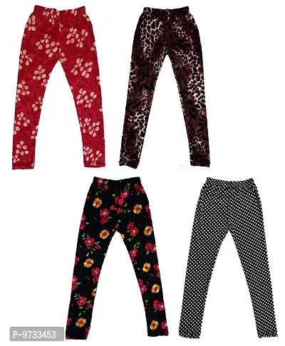 KAYU? Girl's Velvet Printed Leggings Fashionable Ultra Comfortable for Winters [Pack of 4] Red Cream, Dark Brown, Black, Black White