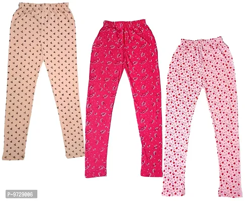 KAYU? Girl's Cotton Printed Leggings Slim Fit Cotton Stretchable Leggings [Pack of 3] Peach2, Magenta, Pink