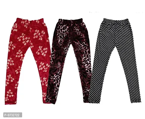 KAYU? Girl's Velvet Printed Leggings Fashionable Ultra Comfortable for Winters [Pack of 3] Red Cream, Dark Brown, Black White