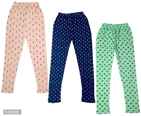 KAYU? Girl's Cotton Printed Leggings Slim Fit Cotton Stretchable Leggings [Pack of 3] Peach, Navy Blue, Sea Green