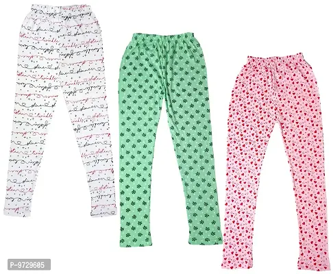 KAYU? Girl's Cotton Printed Leggings Slim Fit Cotton Stretchable Leggings [Pack of 3] White1, Sea Green, Pink
