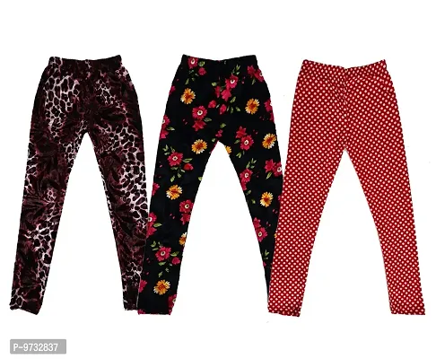 KAYU? Girl's Velvet Printed Leggings Fashionable Ultra Comfortable for Winters [Pack of 3] Dark Brown, Black, Red White