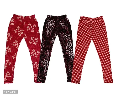 KAYU? Girl's Velvet Printed Leggings Fashionable Ultra Comfortable for Winters [Pack of 3] Red Cream, Dark Brown, Red White