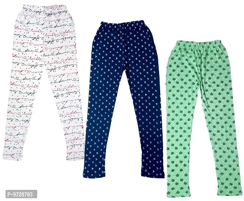 KAYU? Girl's Cotton Printed Leggings Slim Fit Cotton Stretchable Leggings [Pack of 3] White1, Navy Blue, Sea Green