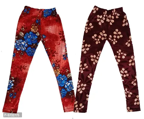 KAYU? Girl's Velvet Printed Leggings Fashionable Ultra Comfortable for Winters [Pack of 2] Red Blue, Brown Cream-thumb0