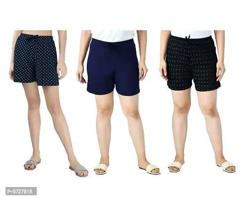 KAYU? Women's Cotton Regular Fit Solid and Printed Shorts/Hot Pant [Pack of 3] Black3, Navy Blue2, Black2