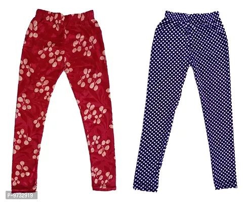 KAYU? Girl's Velvet Printed Leggings Fashionable Ultra Comfortable for Winters [Pack of 2] Red Cream, Navy Blue
